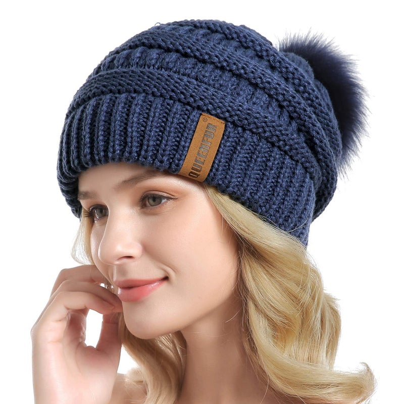 QUEENFUR Women Knit Slouchy Beanie Chunky Baggy Hat with Faux Fur Pompom Winter Soft Warm Ski Cap - Image 2